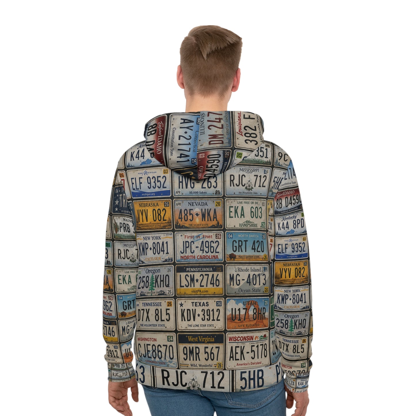 License Plate Collage Hoodie — Vintage Road Trip Streetwear