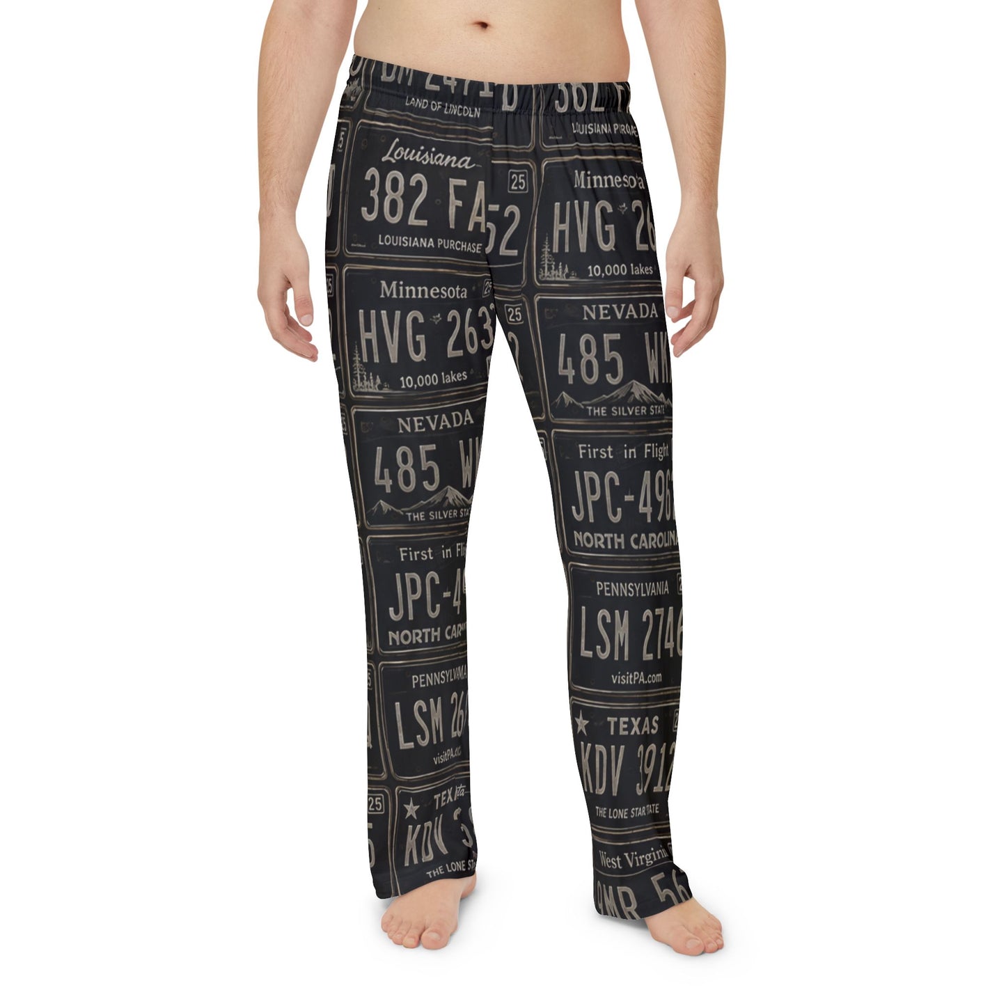 Vintage License Plate Print Men’s Pajama Pants – Retro Road Trip Loungewear