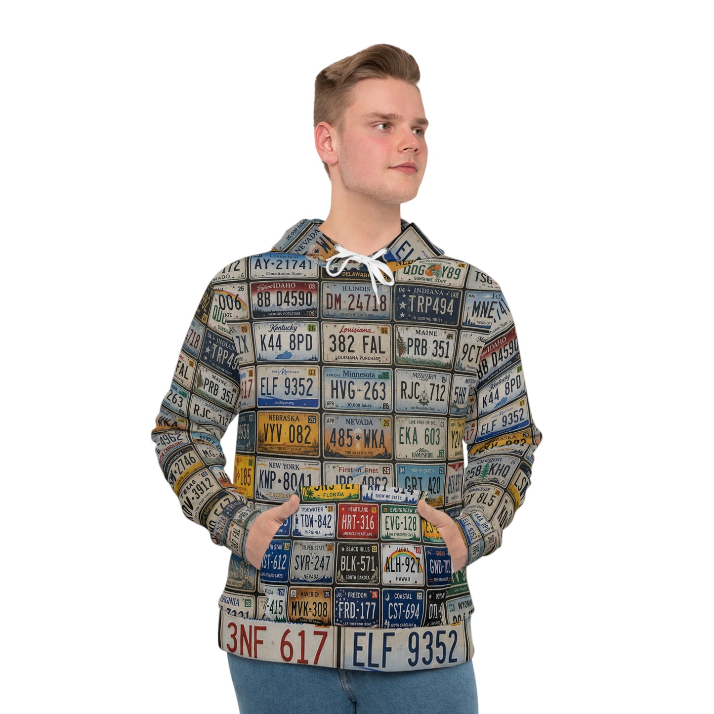 License Plate Collage Hoodie — Vintage Road Trip Streetwear