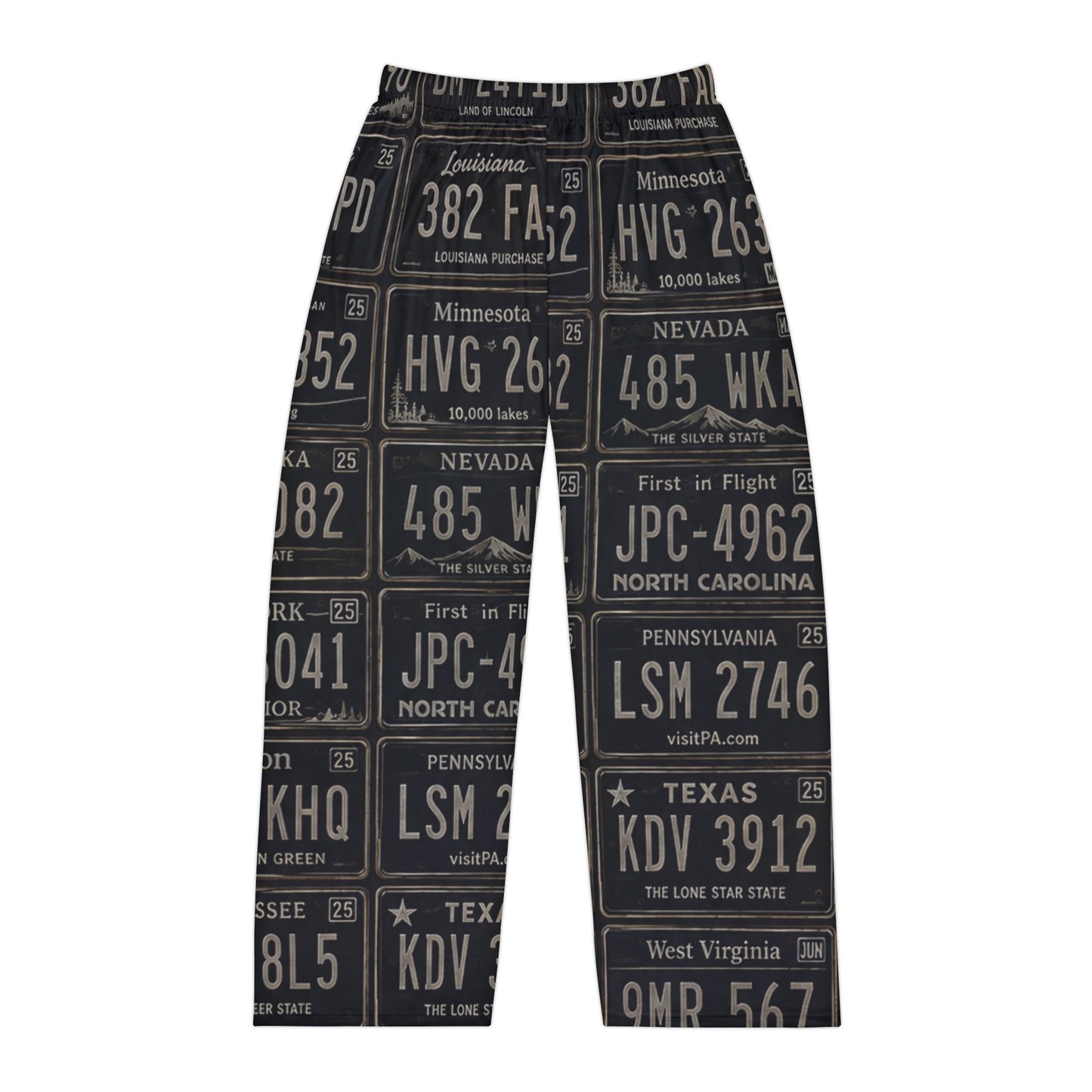 Vintage License Plate Print Men’s Pajama Pants – Retro Road Trip Loungewear