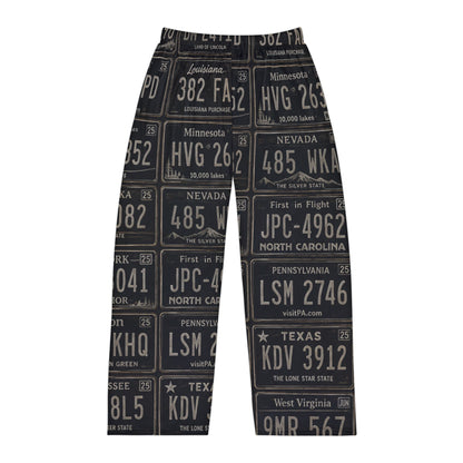 Vintage License Plate Print Men’s Pajama Pants – Retro Road Trip Loungewear