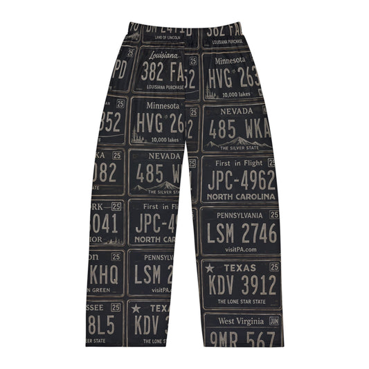 Vintage License Plate Print Men’s Pajama Pants – Retro Road Trip Loungewear