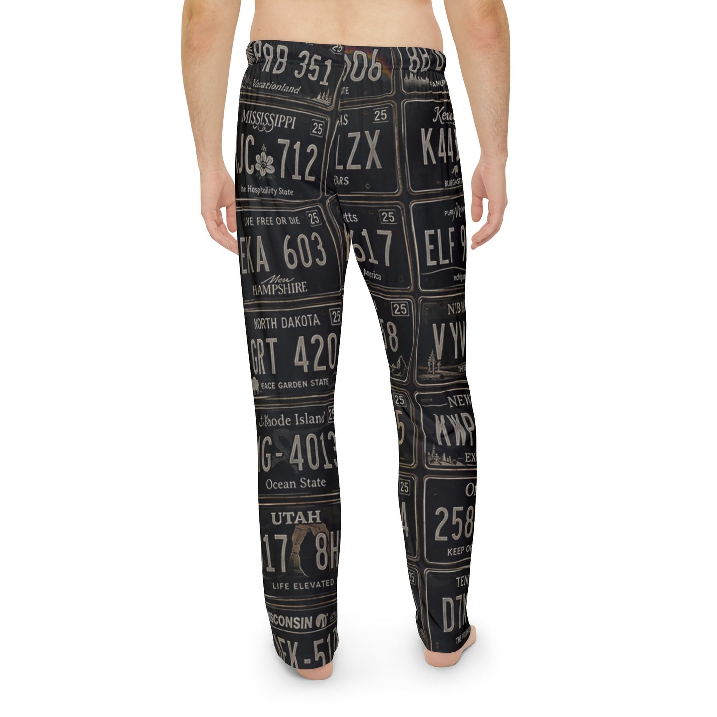 Vintage License Plate Print Men’s Pajama Pants – Retro Road Trip Loungewear