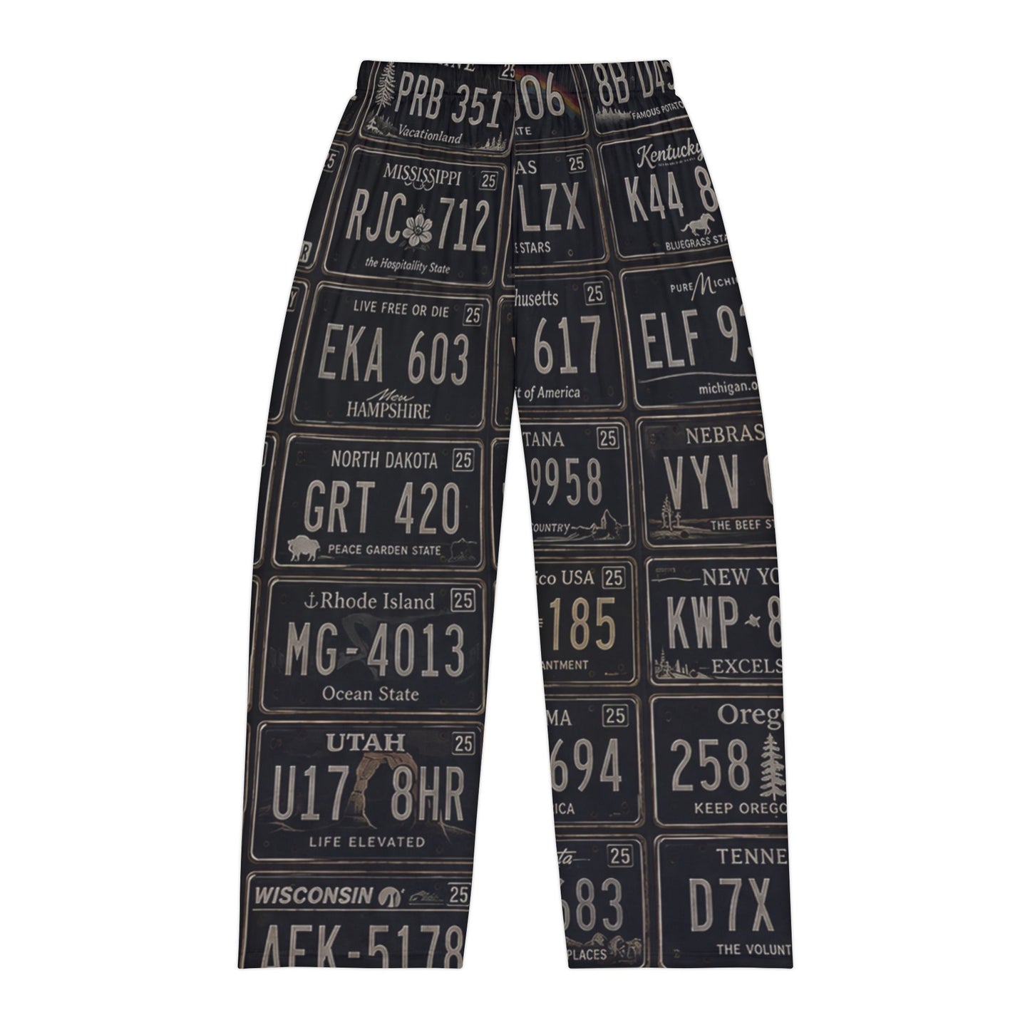 Vintage License Plate Print Men’s Pajama Pants – Retro Road Trip Loungewear