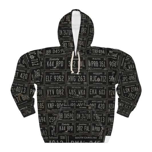 License Plate Pattern Hoodie – Vintage State Plates All-Over Print Pullover